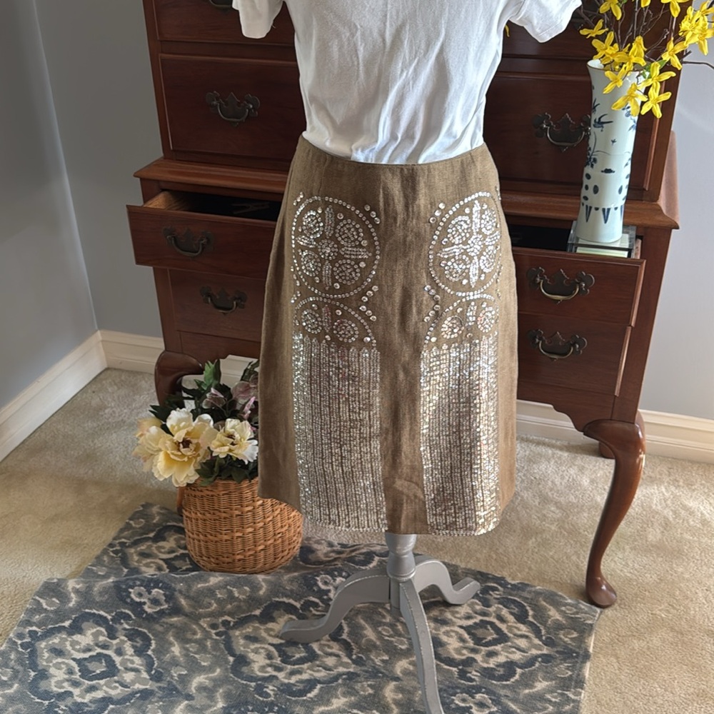 Tory Burch Tan Silver Sequin Pencil Skirt Size 10 - Picture 7 of 13